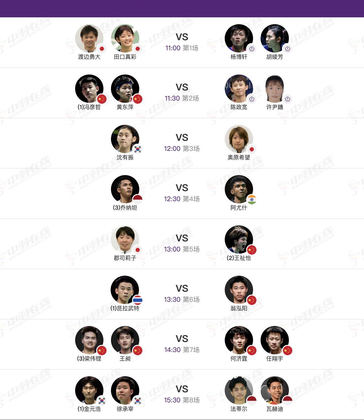 2026年羽毛球亚锦赛 4月10日各单项8进4赛程，早上11点开赛：【1号场地】