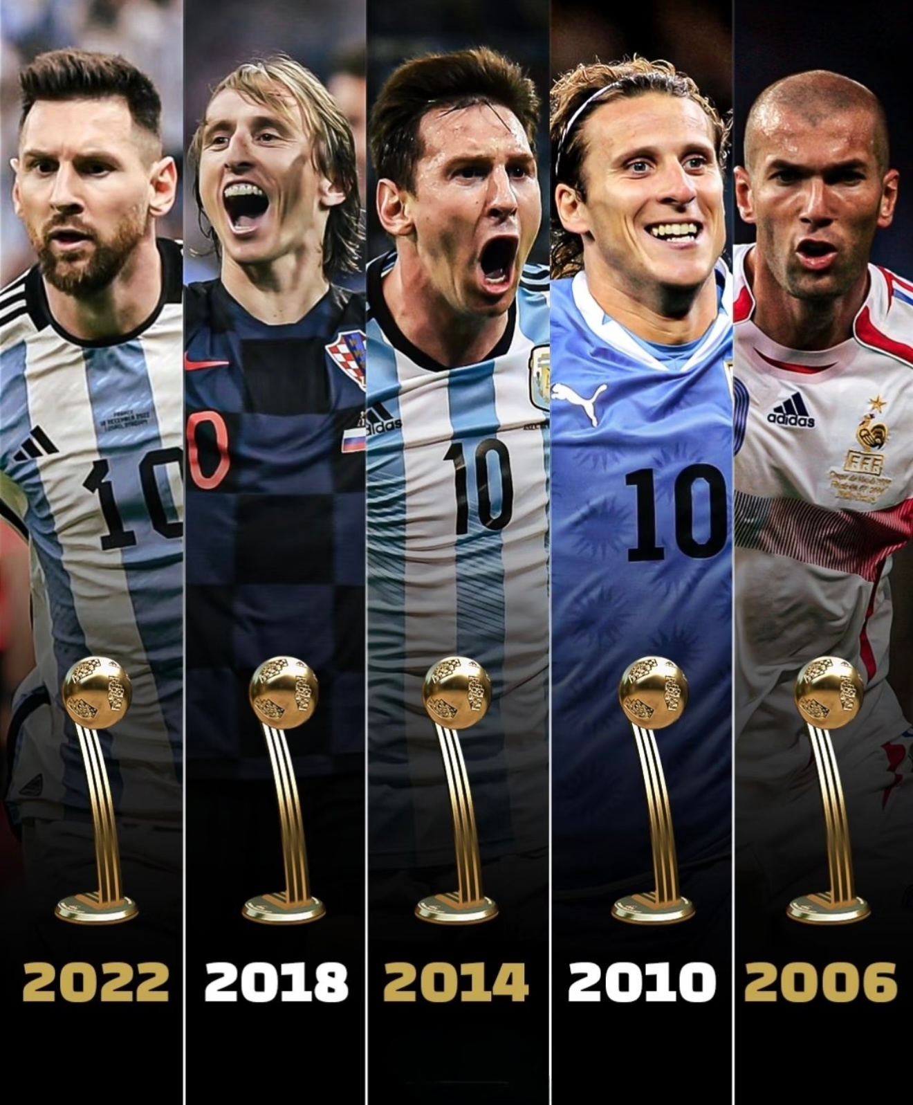 近五届世界杯的金球奖得主都是10号⚽🏆从2006德国世界杯到2022卡塔尔世界