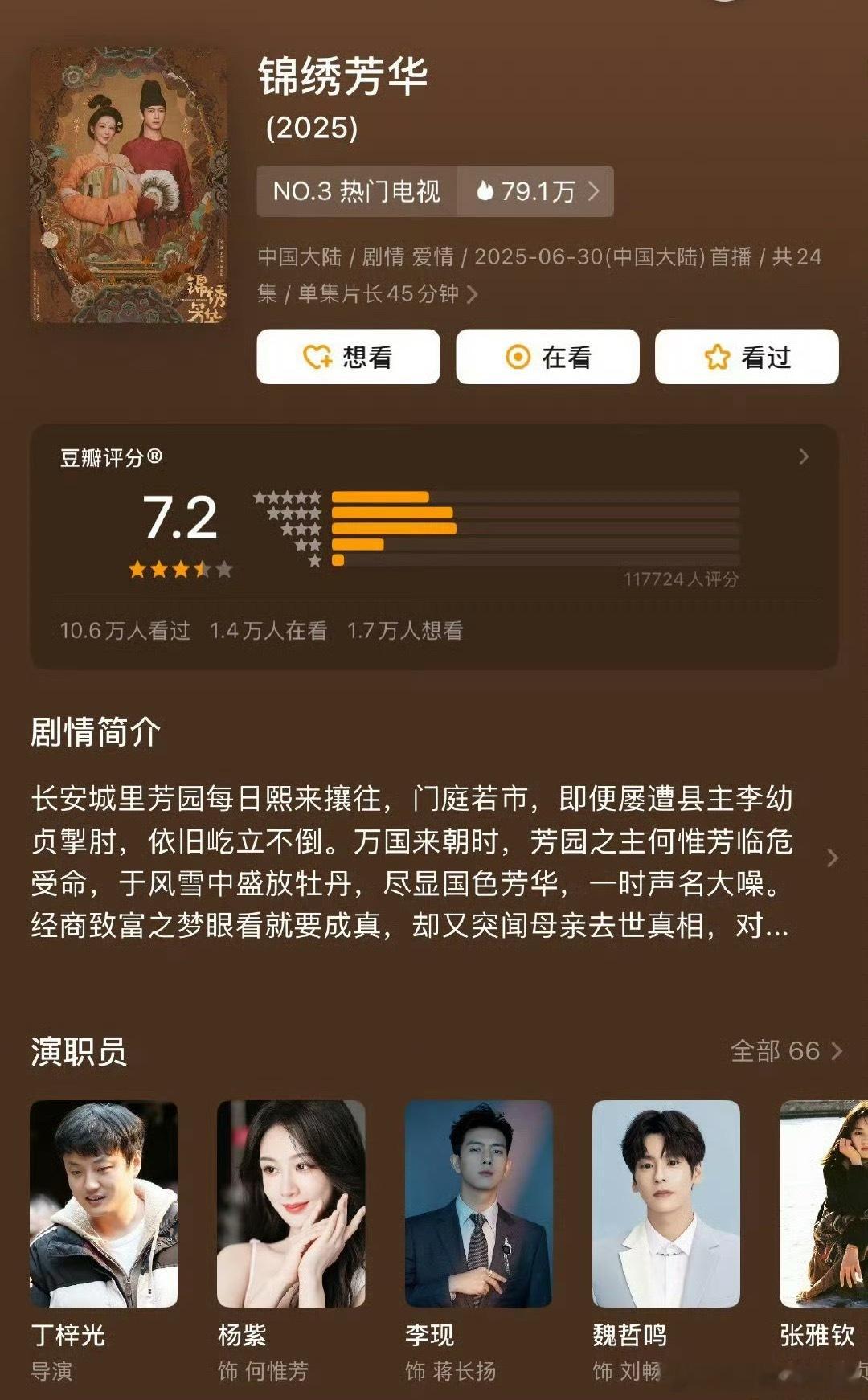 杨紫、李现《锦绣芳华》豆瓣开分7.2，11w+人评分，你觉得高了还是低了？ ​​