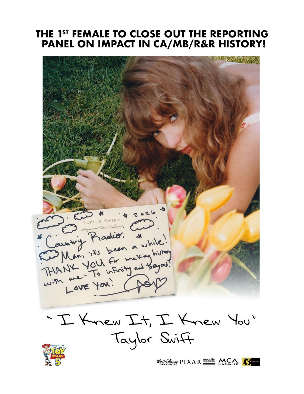 霉霉 Taylor Swift 写信感谢乡村电台支持，使她成为史上第一位在推广首