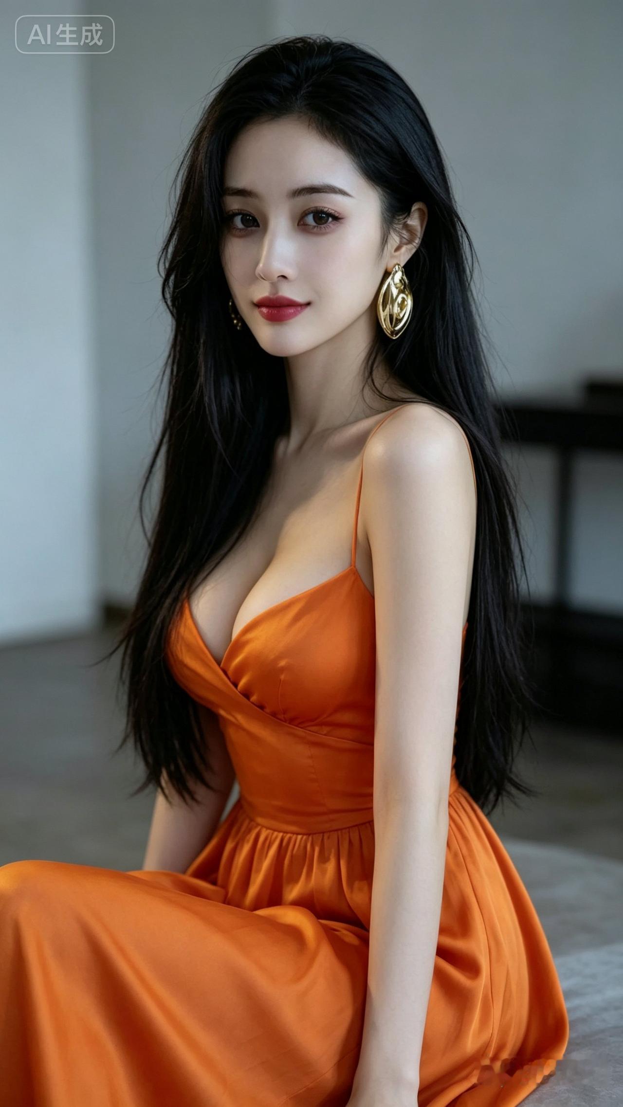优雅黑发女郎，橙色连衣裙，金色耳环，气质满分！