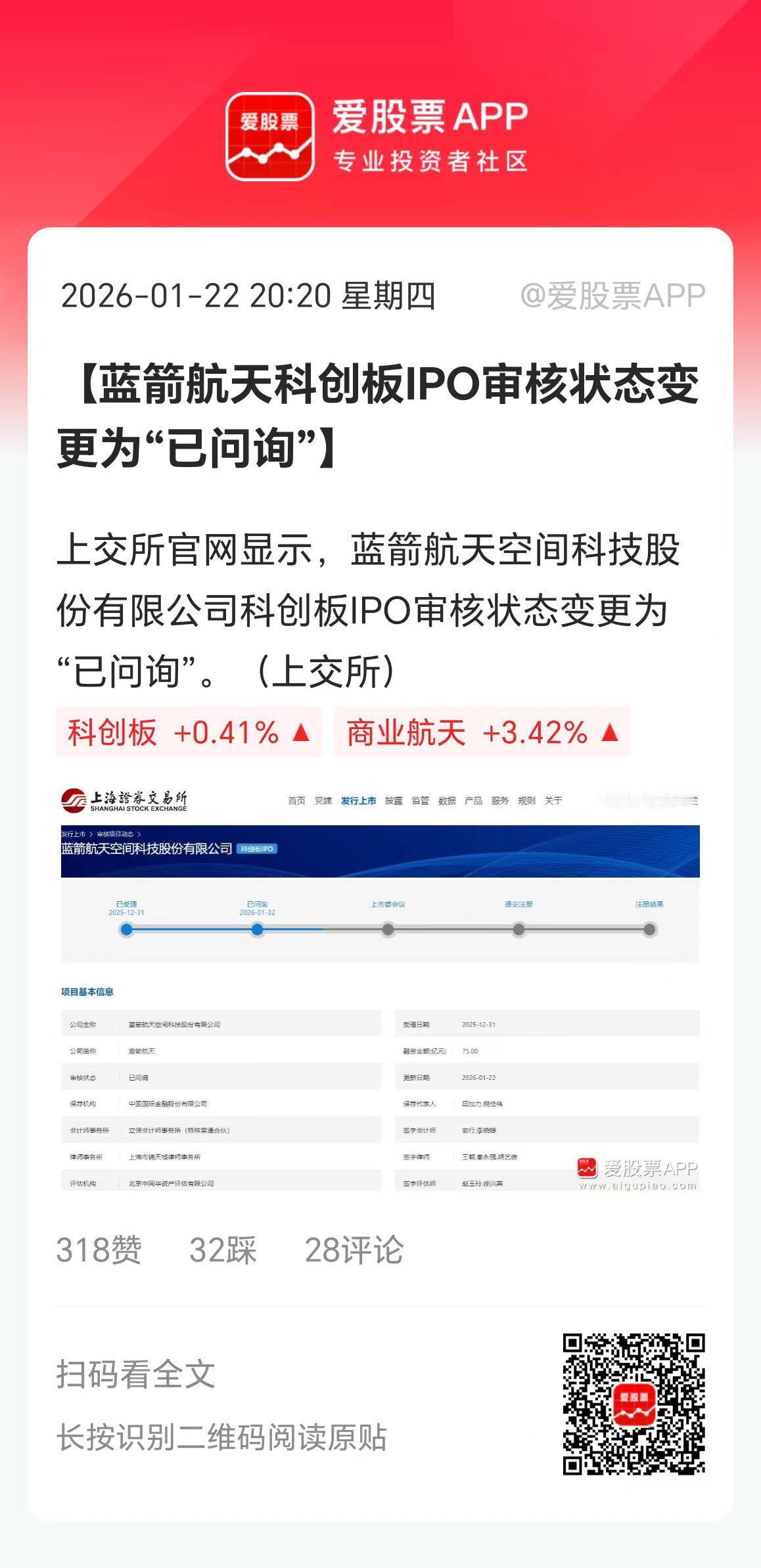 蓝箭航天科创板IPO审核变为“已问询”，这才刚受理两周多，速度是飞一般的快啊！