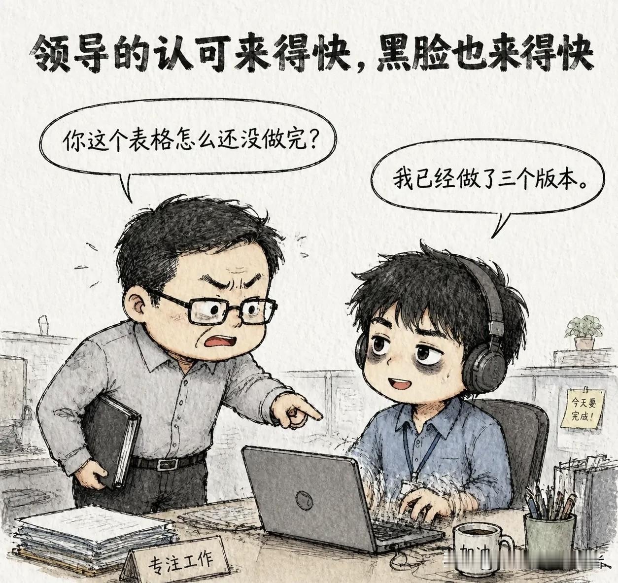 趣味漫画：领导路过：「你这个表格怎么还没做完？」小周敲得飞快：「我已经做了三个版