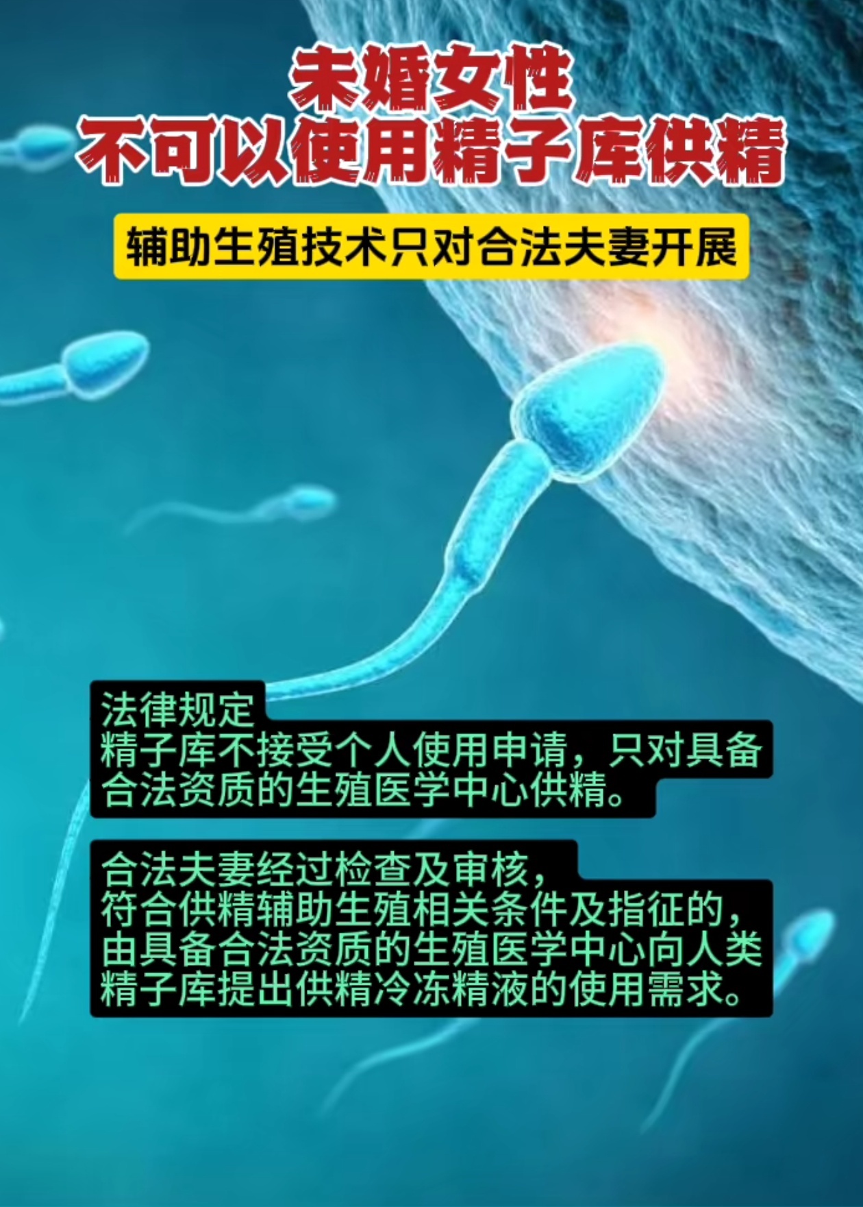 #未婚女性不能使用精子库供精去父留子#法律法规:未婚女性不可以申请使用精子库。辅