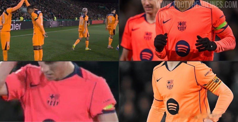 足球装备网：巴萨对阵埃尔切比赛转播镜头中巴萨橙色球衣颜色变化很大。埃尔切vs巴萨