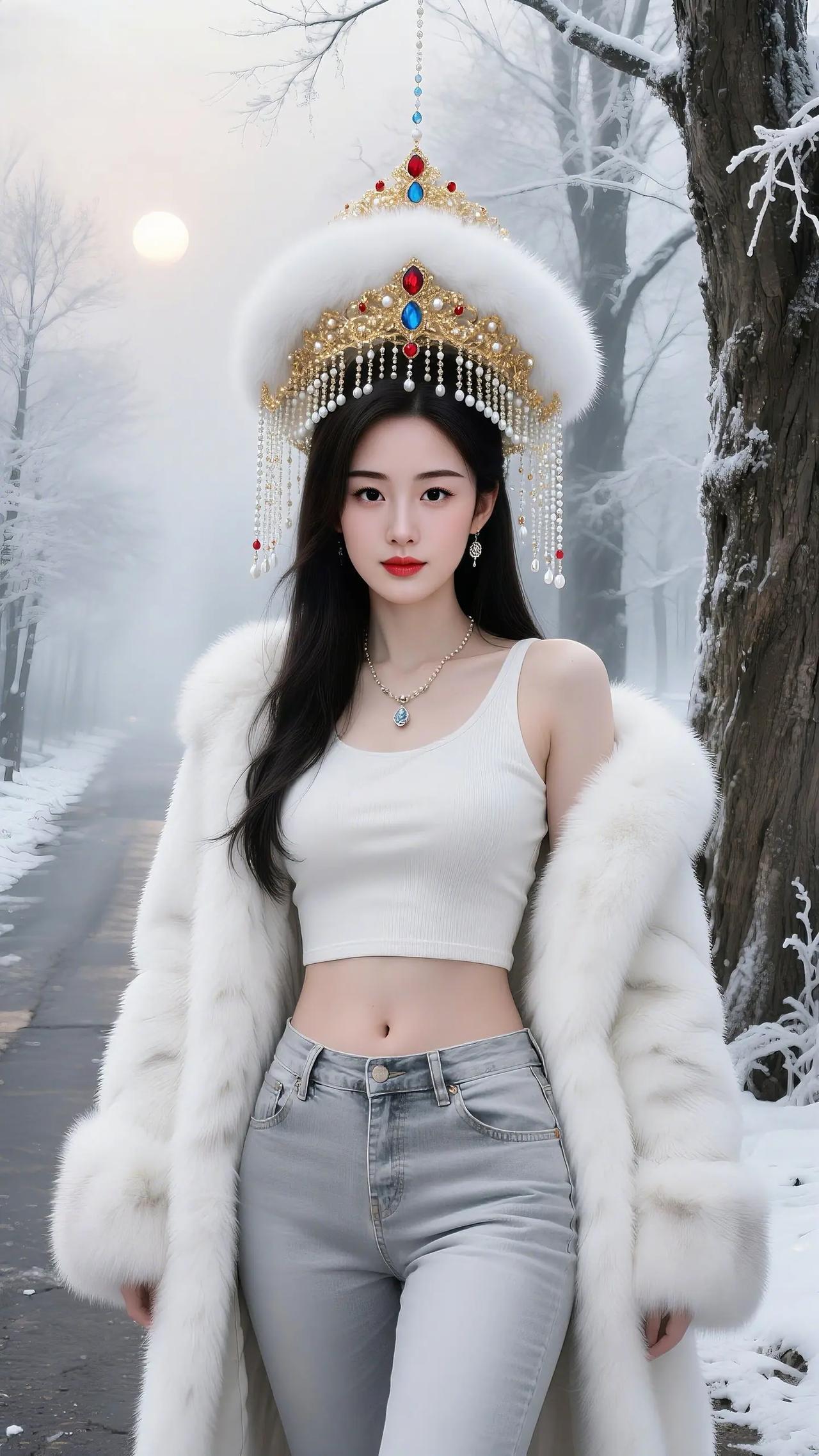 皮草穿搭 紧身牛仔裤 好身材好气质 ai