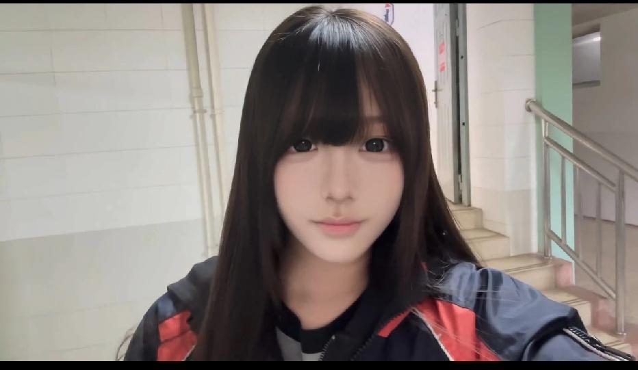 走廊的白墙衬着校服外套的红蓝配色，长发垂下来的样子自带清清爽爽的少年感——是日常