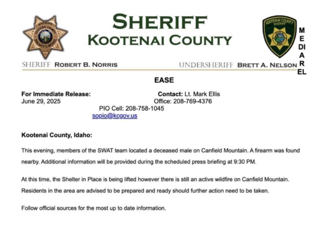 更新：据Kootenai县警长称，爱达荷州枪击案凶手已被制服。他被发现死在山坡上