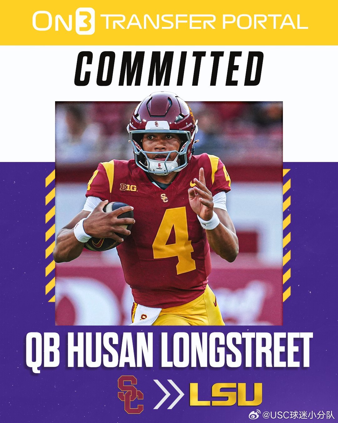 USC橄榄球原四分卫Husan Longstreet近日宣布将转学至LSU。此前