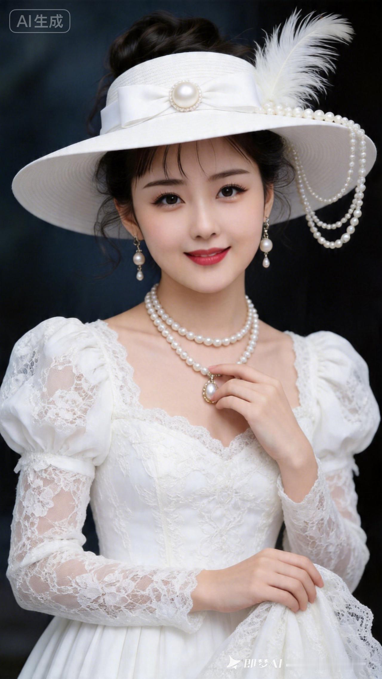 身着白色蕾丝泡泡袖复古长裙，头戴缎带珍珠宽檐礼帽，全套珍珠配饰典雅华贵。暗调朦胧