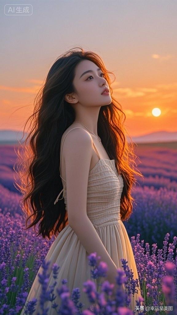 夕阳下的浪漫紫海，少女如梦似幻