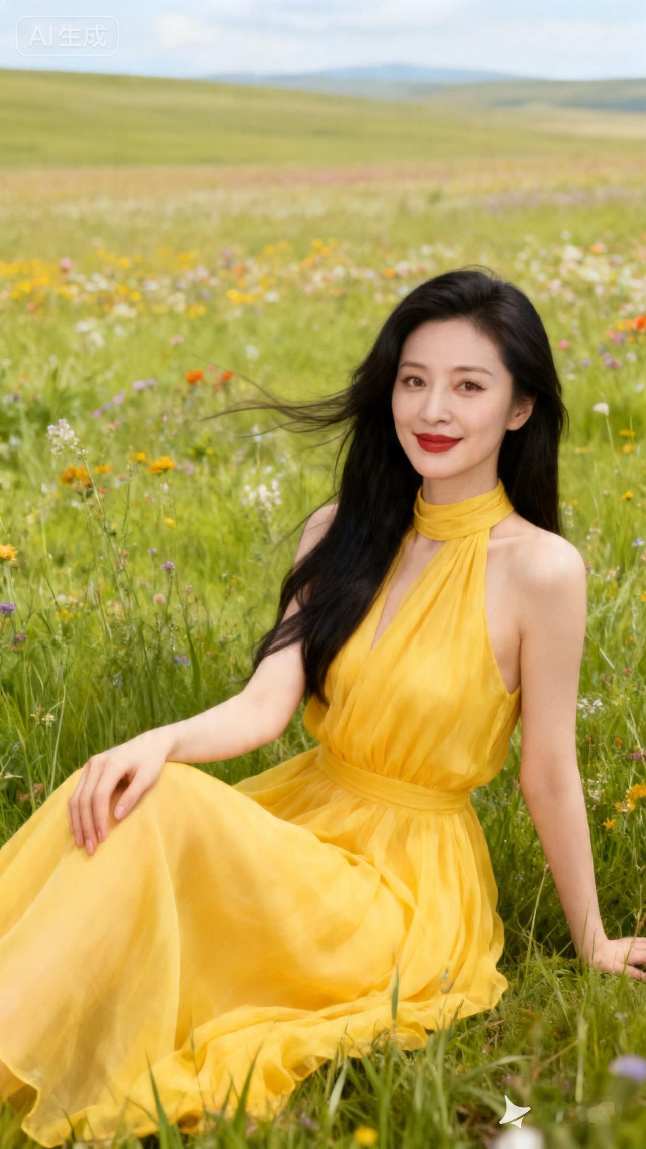 在花海中，穿黄色裙子的她，美得像一幅画