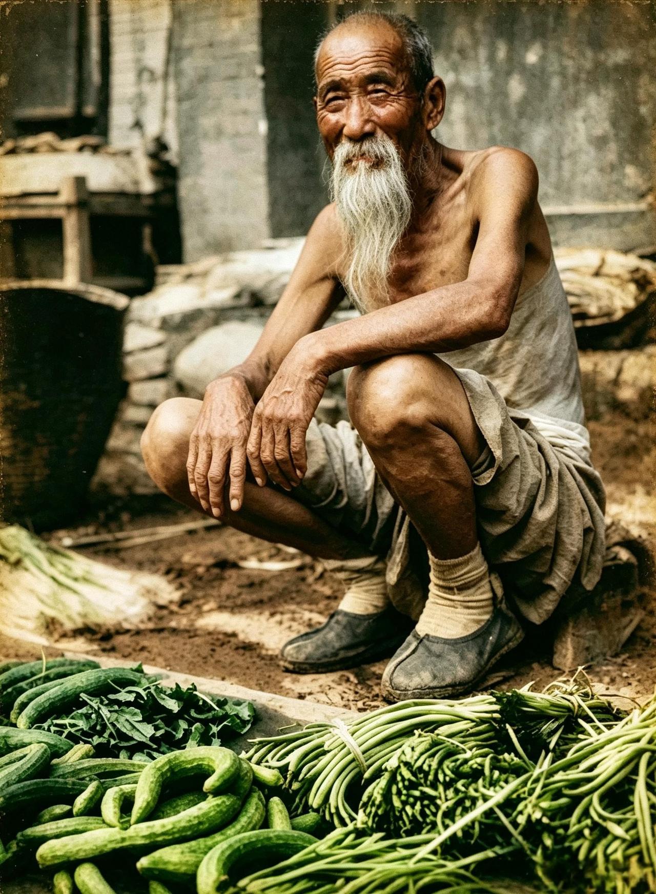 这是1929年的老北京街头，一位仙风道骨的老人摆摊菜摊。摊上的菜都是老人自己亲手