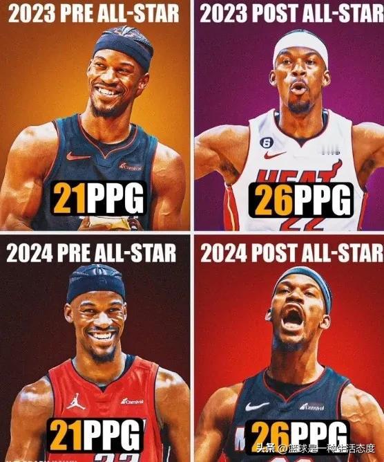 #NBA# 巴特勒全明星前后场均得分涨了5分 与上赛季很相似