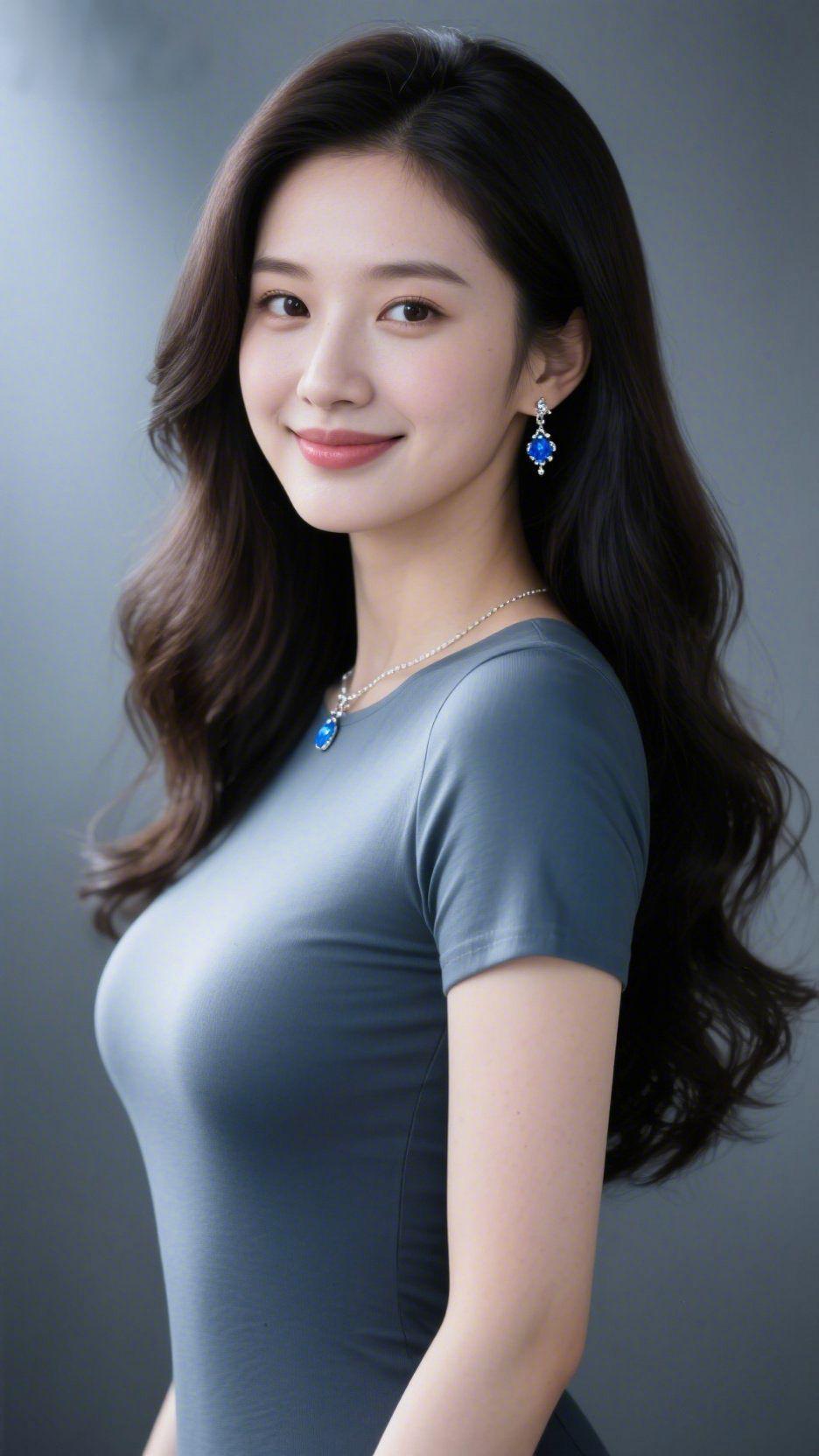 灰蓝衫影漾优雅
 
浅灰调的背景漫着柔和的光晕，雾霾蓝短袖上衣带着柔和的舒适质感