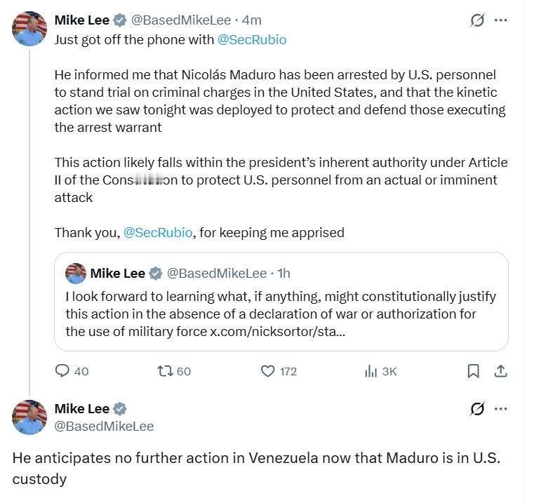 美国参议员迈克·李称，鲁比奥告知他，尼古拉斯·马杜罗已被美国人员逮捕，将前往美国