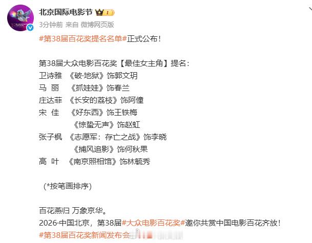 【百花奖最佳女主角提名名单公布】第38届百花奖提名名单正式公布！入围本届大众电影
