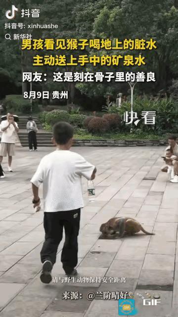 “上新华社了!”贵州景区里，一名小男孩见小猴子喝地上的脏水，于心不忍，将手上的矿