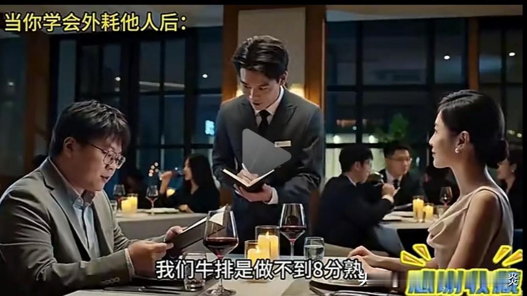 一对男女到西餐厅吃牛排。
女：我的那份牛排要七分熟。
男：那我要8分熟的。
服务