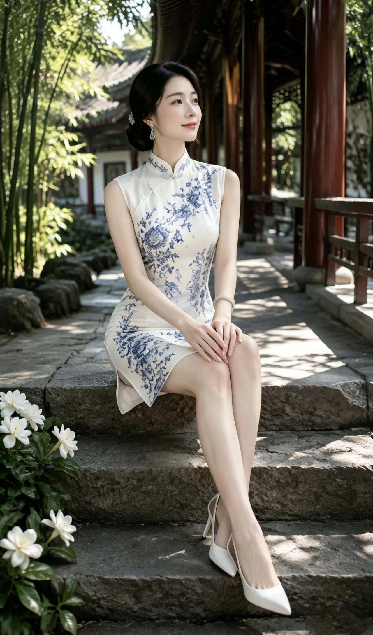 一袭青花旗袍裹住玲珑曲线，开衩处若隐若现的肌肤藏着欲说还休的性感；她端坐石阶，身