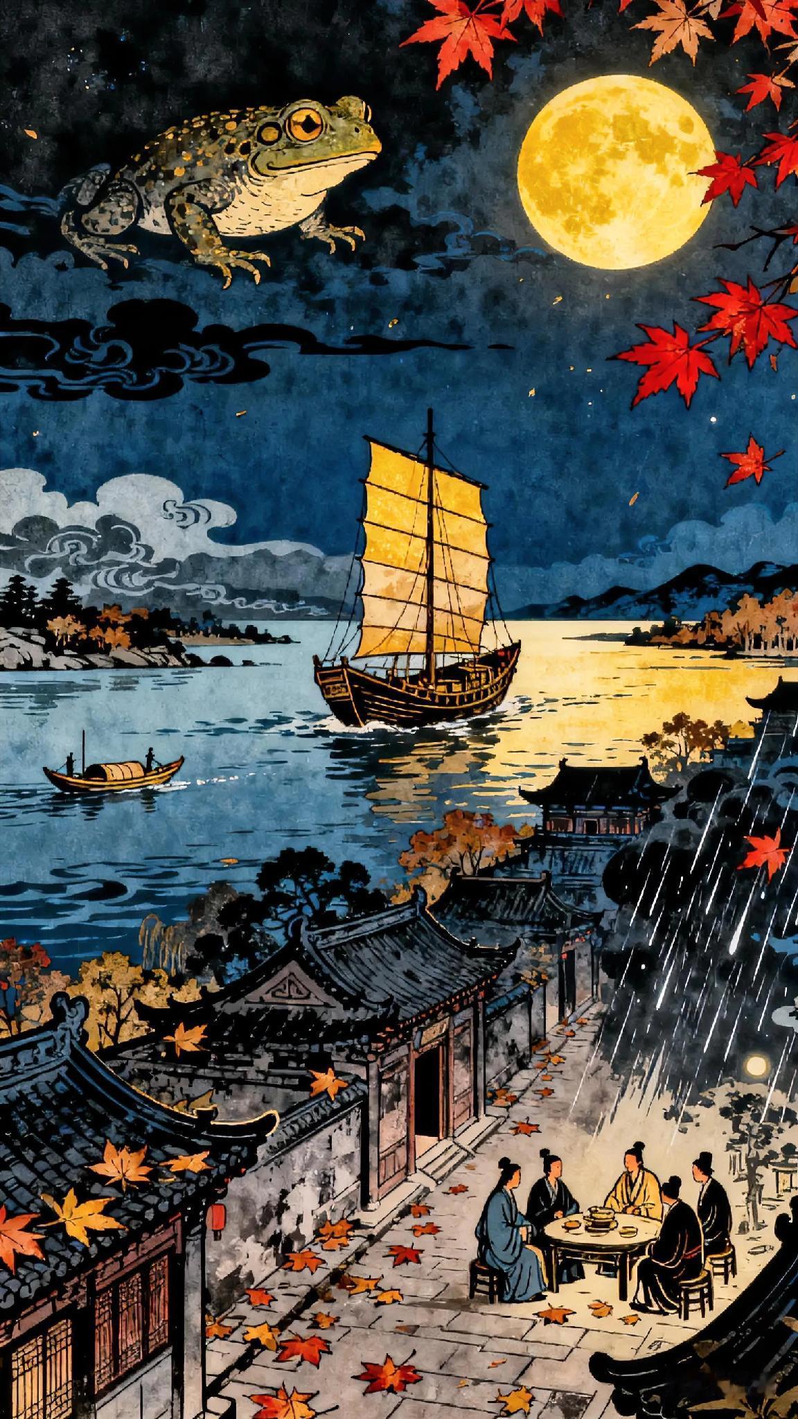 、天天古诗词 
《忆江上吴处士》唐、贾岛。
闽国扬帆去，
蟾蜍亏复圆。
秋风生渭