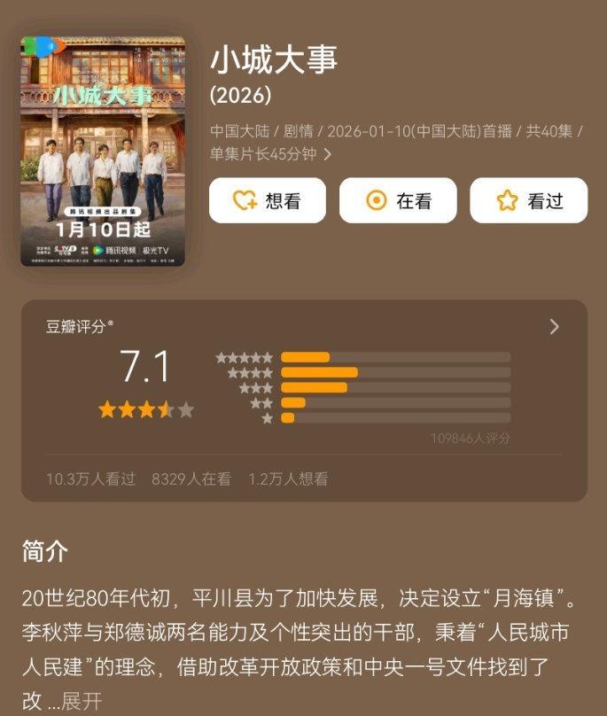 赵丽颖小城大事豆瓣开分7.1分小城大事豆瓣开分了 小城大事豆瓣开分了，赵丽颖小城