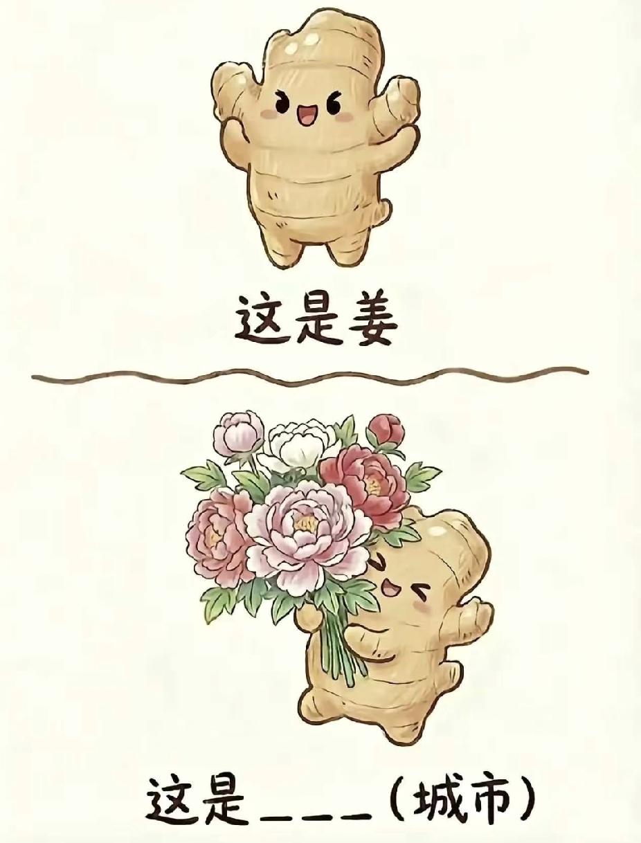 分享猜成语图片，共享知识的快乐 姜+花猜城市！谐音梗谜题，你一眼能看出来吗