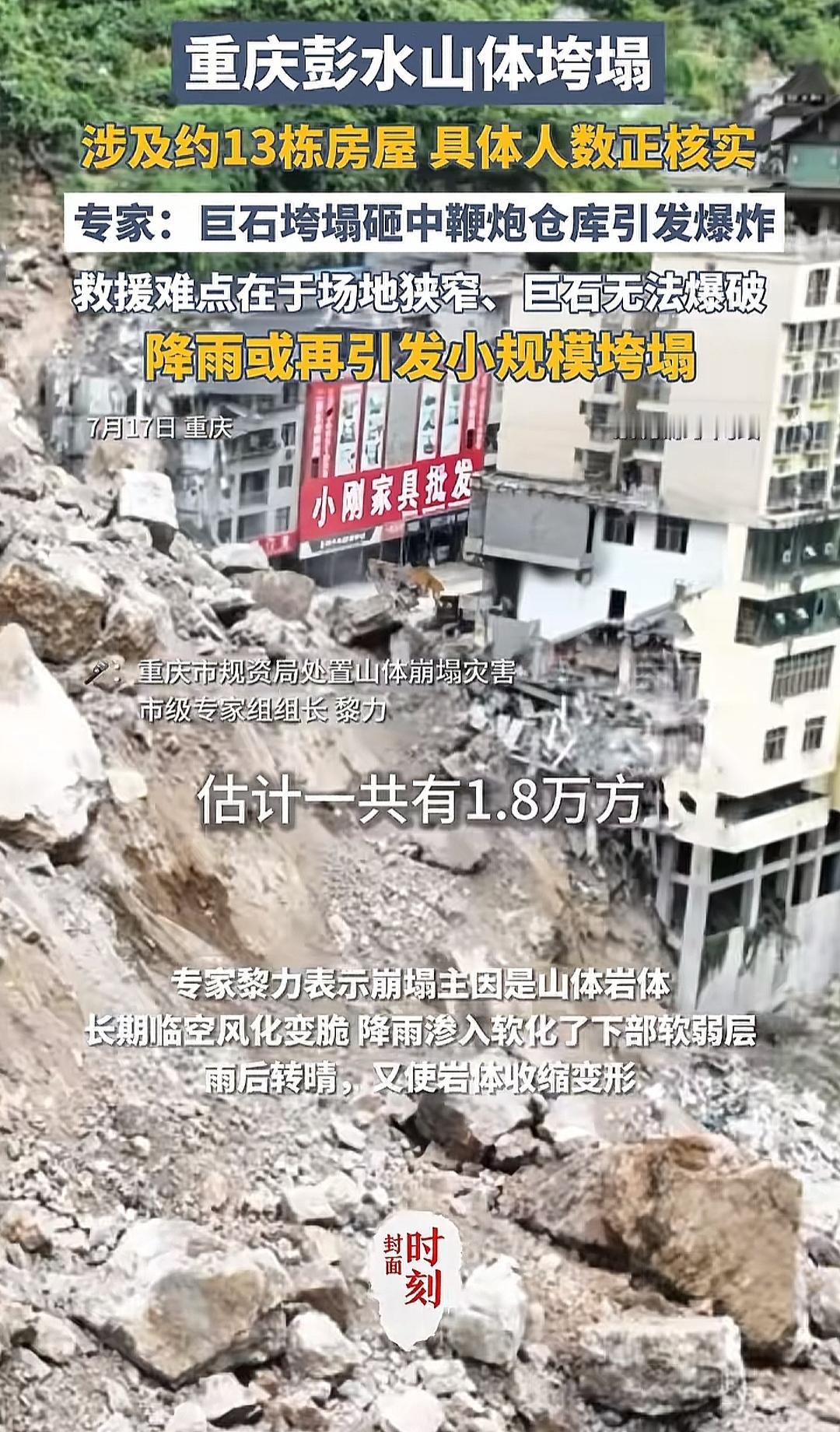谁能想到，这么一大块的石头会砸下去了。涉及13栋楼，那山体坍塌的面积挺大的，视频