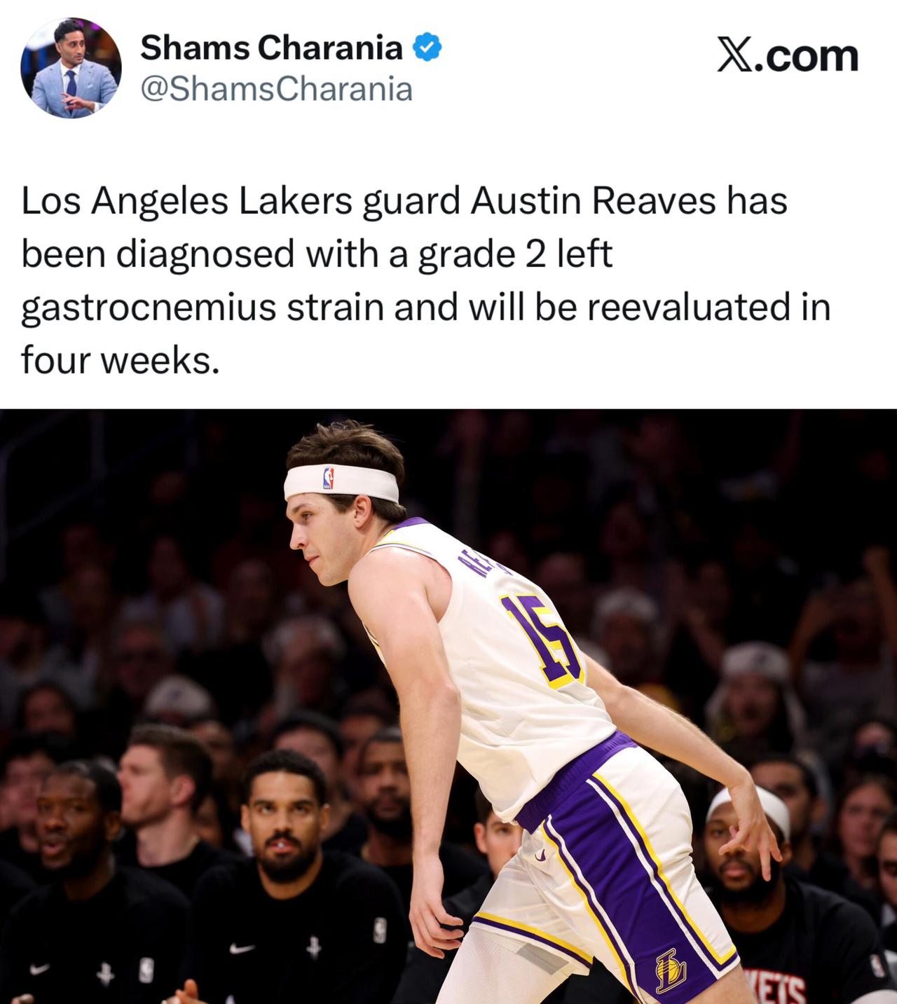 这下湖人要发愁了！
根据Shams的报道，里夫斯的伤是左腿腓肠肌二级拉伤，将至少