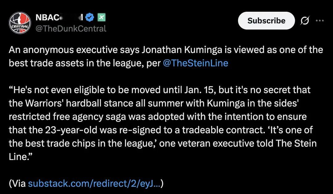 一个匿名的球队高管表示，乔纳森·库明加被认为是联盟中最好的交易资产之一。“他虽然