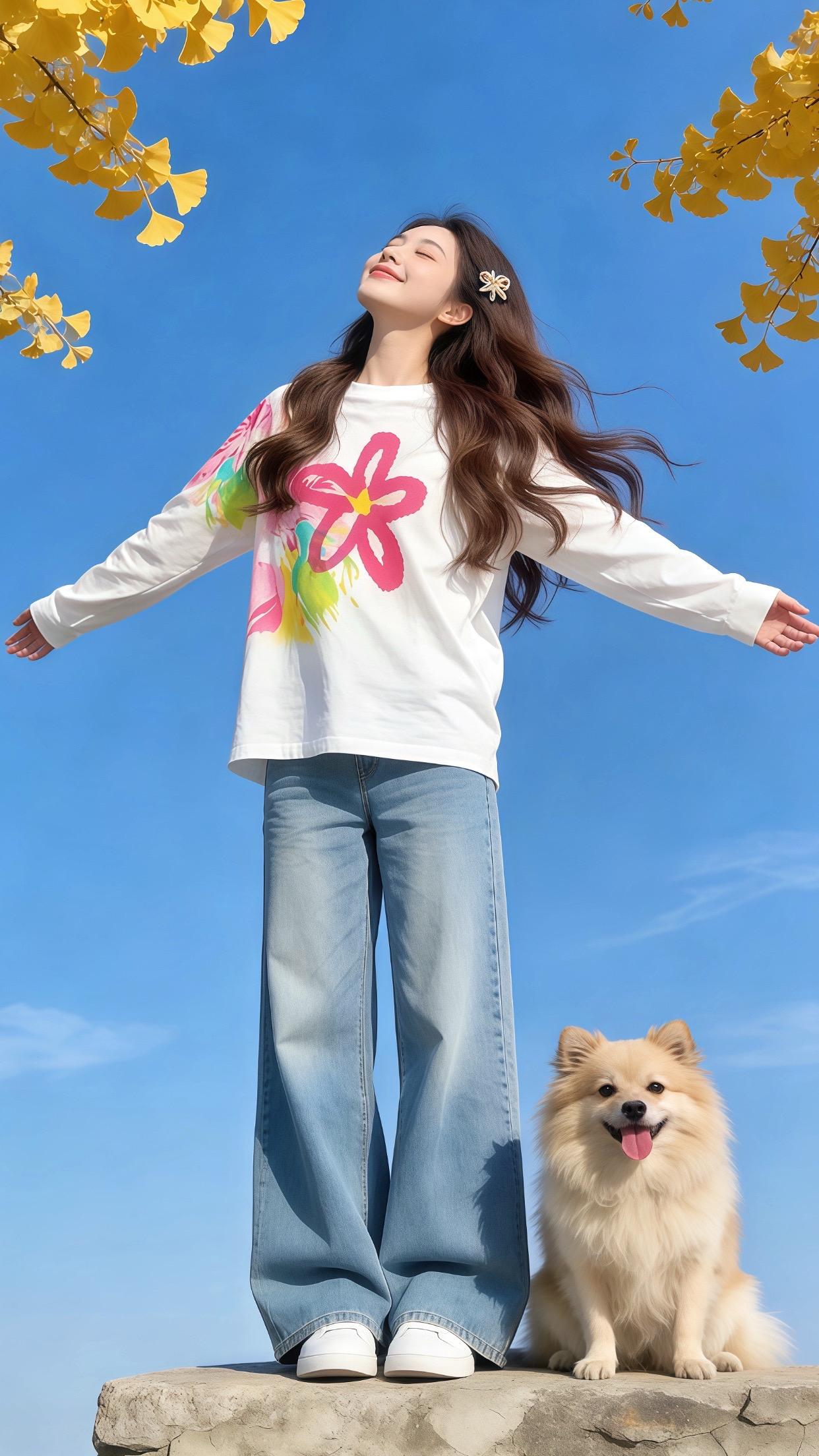 与秋冬暖阳超适配的松弛感穿搭来啦~白长T印满撞色花绘，软乎乎裹着随性松...