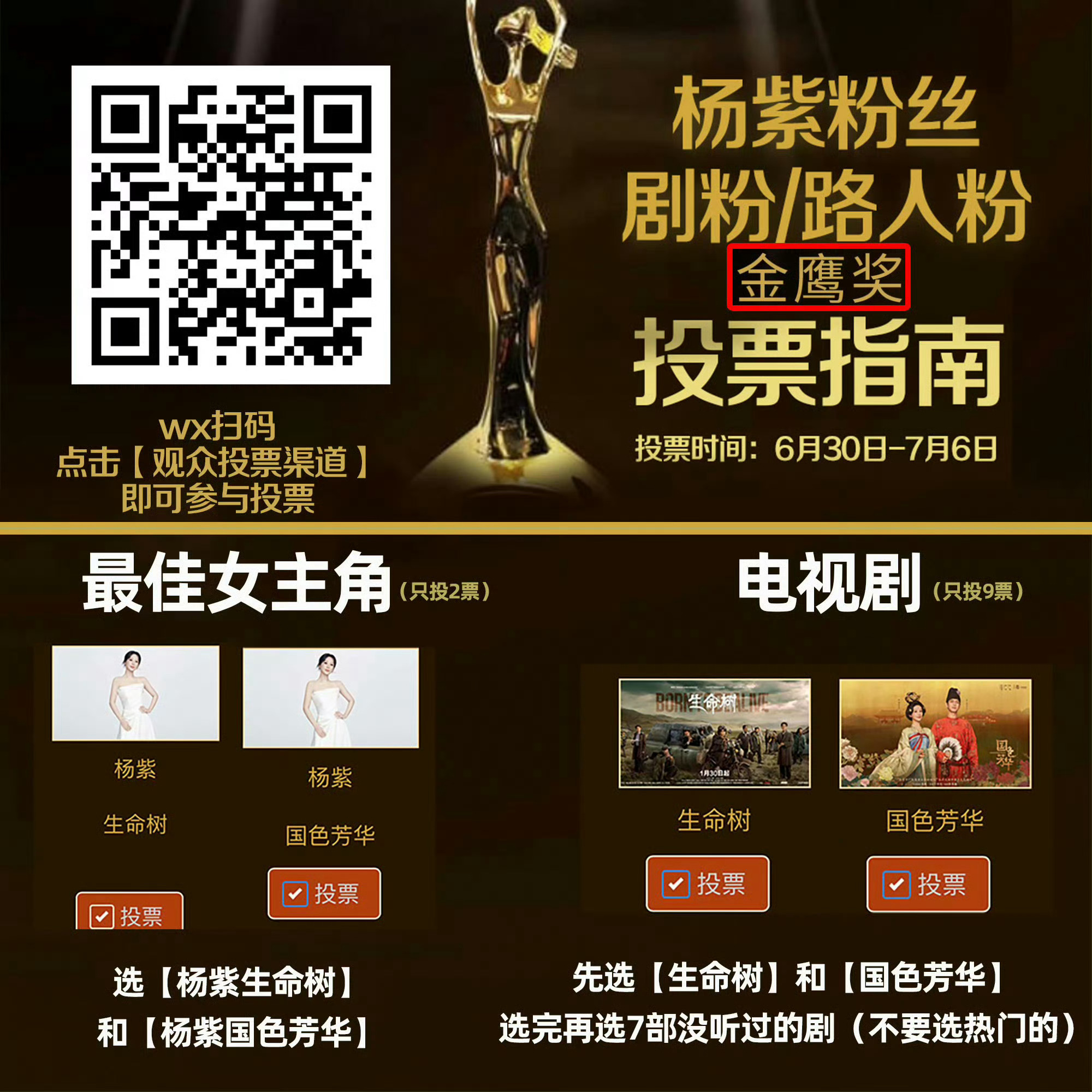 金鹰奖还没有投票，继续！今晚零点截止了！杨紫值得！杨紫横扫三大奖！ 
