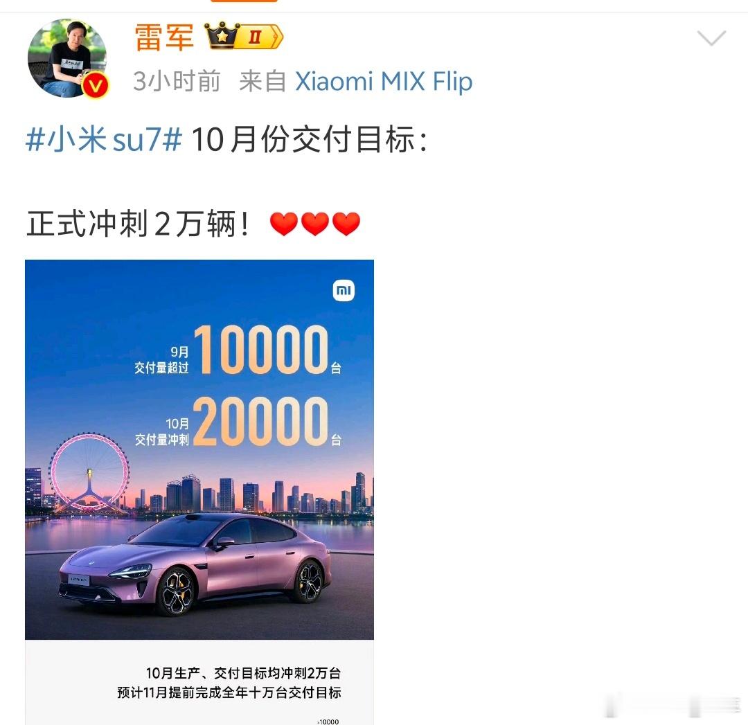 #雷军称10月目标是交付2万辆#在10月1日的央视新闻直播中，雷军表示，10月份