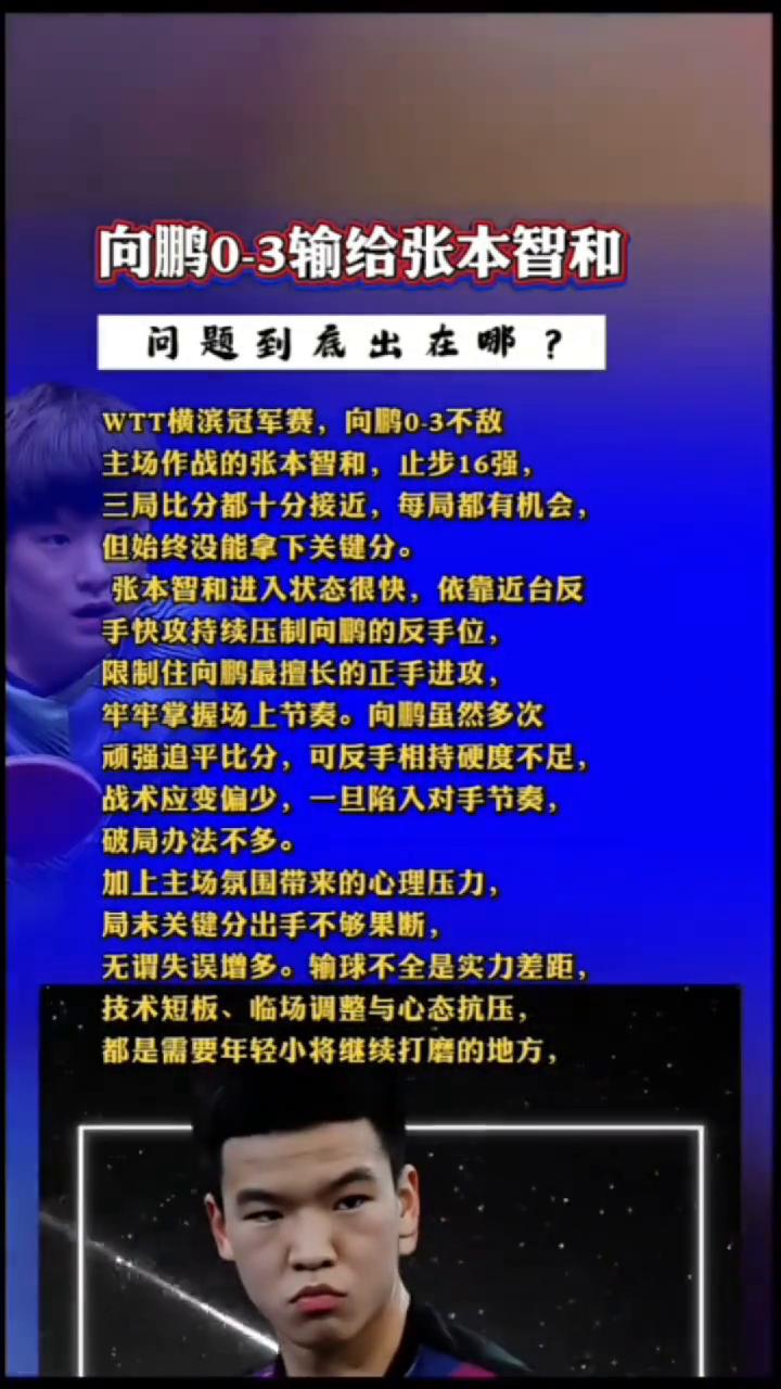 向鹏0-3输给张本智和，问题到底出在哪？
WTT横滨冠军赛，向鹏0-3不敌主场作