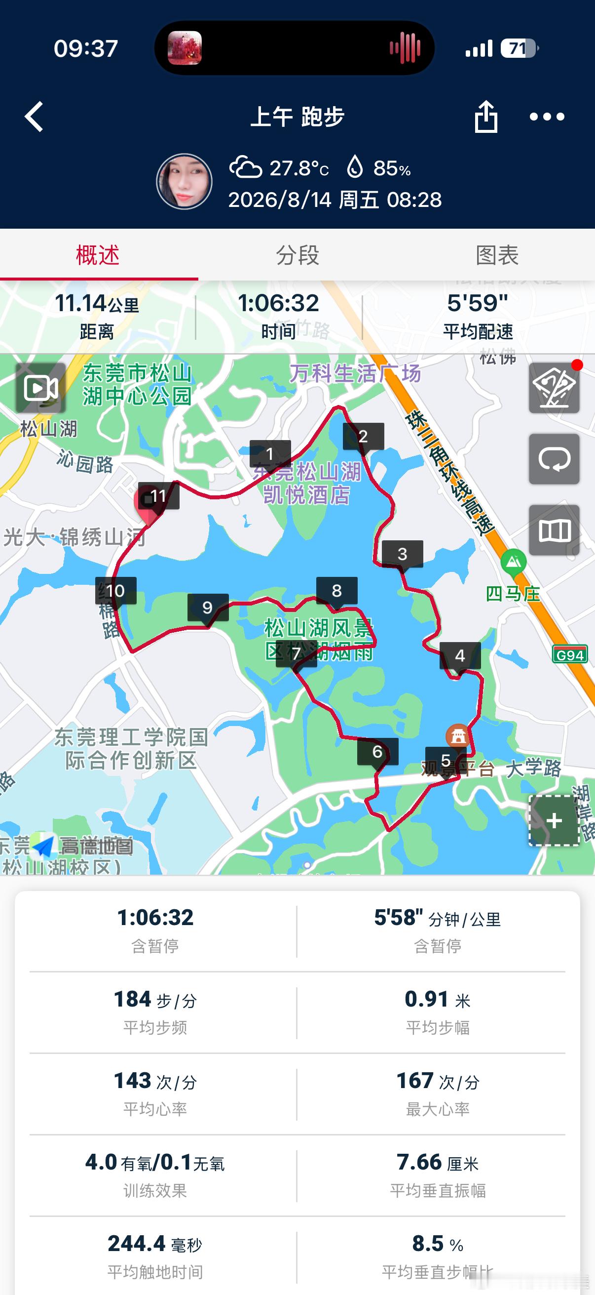 以11公里环湖完成回归的第一跑。小环闭环，10公里渐加速，1公里冷身收尾。跑步即