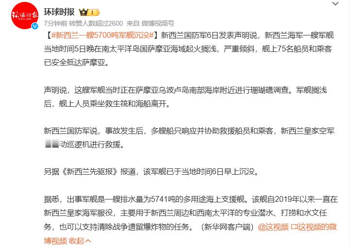 #新西兰一艘5700吨军舰沉没# 这有点搞笑了吧，19年服役才用了5年，大材小用