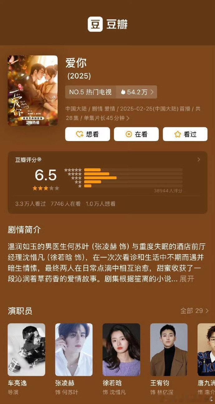 爱你开分6.5《爱你》豆瓣开分 6.5，这成绩不错呀，恭喜小爱你完美收官啦！张凌