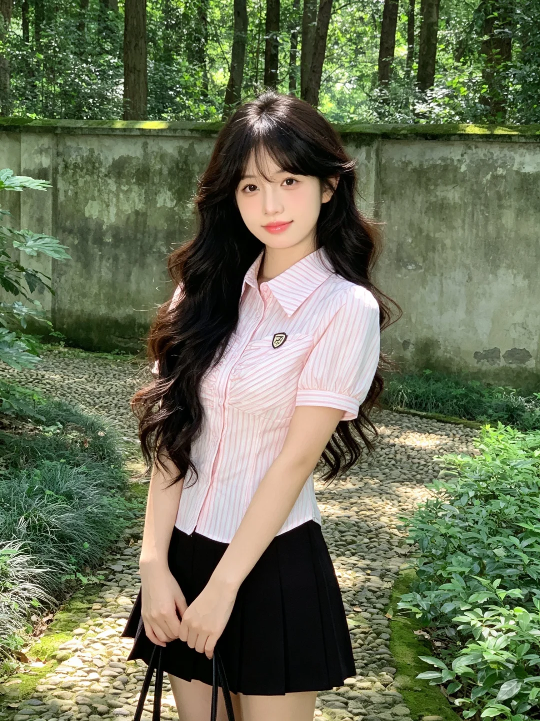 一个东亚年轻女性，乌黑长卷发蓬松垂落，妆容是清透甜系风格，唇瓣带着柔润...