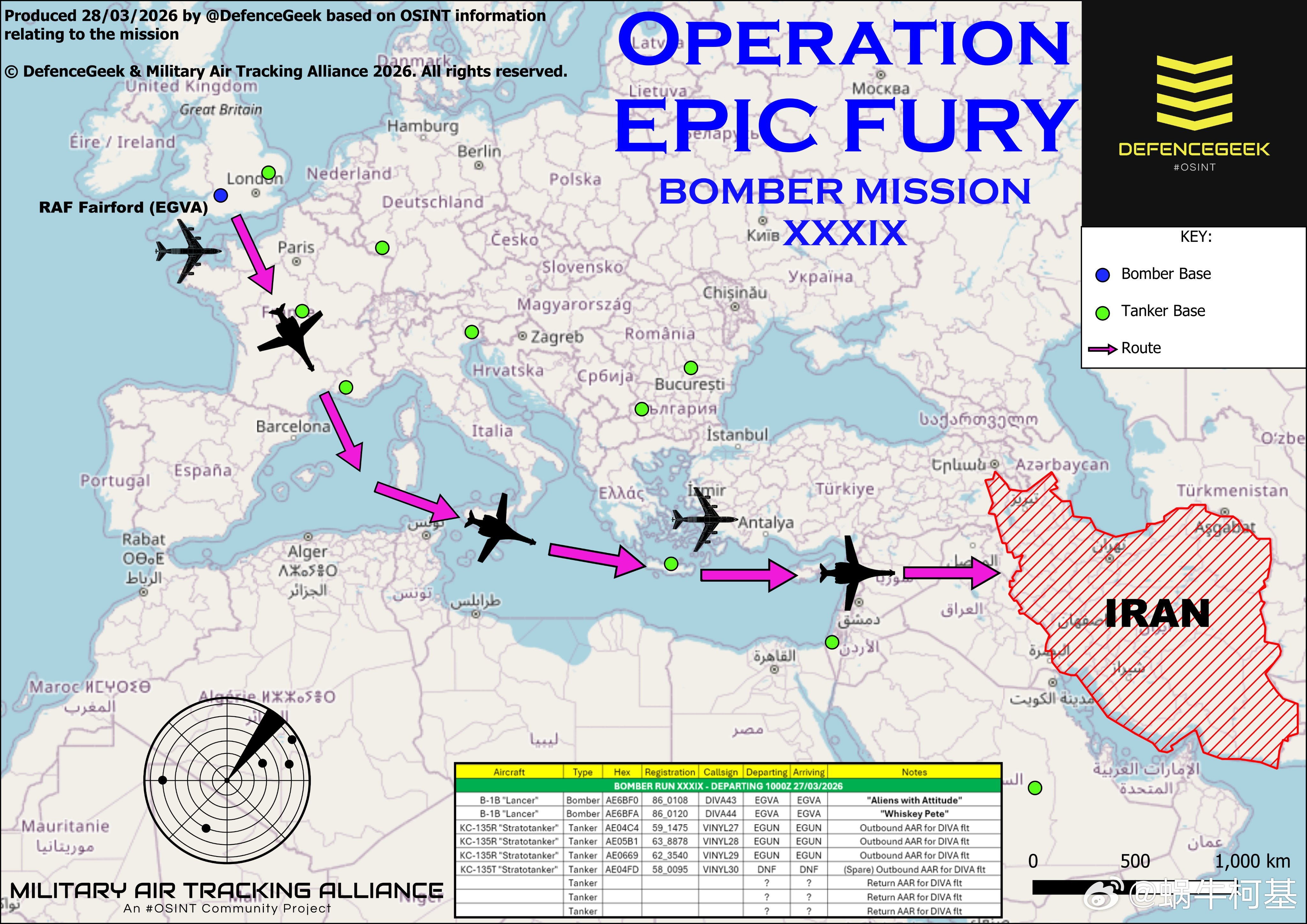 大手笔！帝国幽灵重临德黑兰昨天，除了从英国皇家空军费尔福德基地起飞的一队2架 B