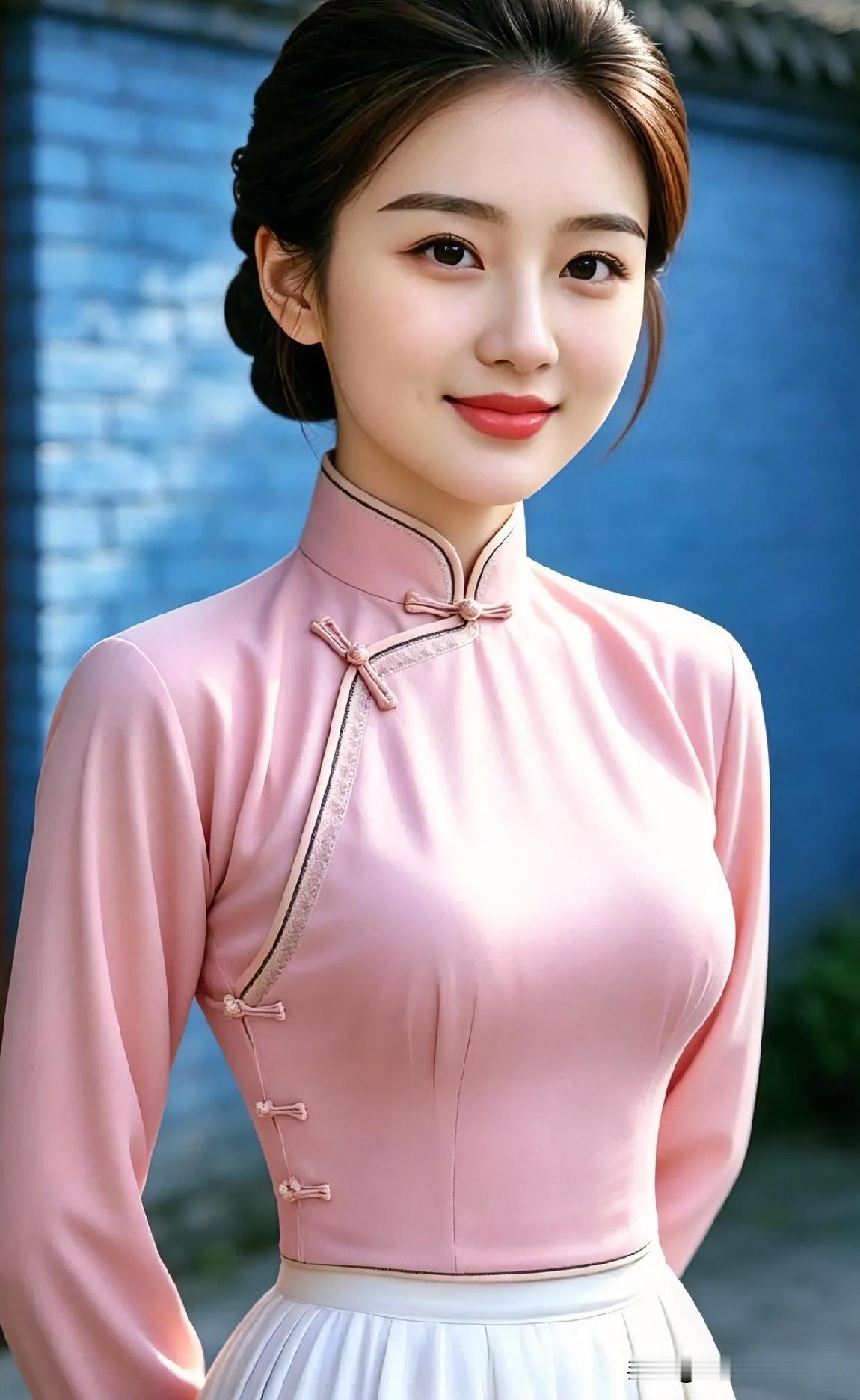 一袭柔粉旗袍，晕染出江南的温婉。青砖黛瓦间，盘扣轻系，她眉眼含笑，宛如从泛黄旧梦