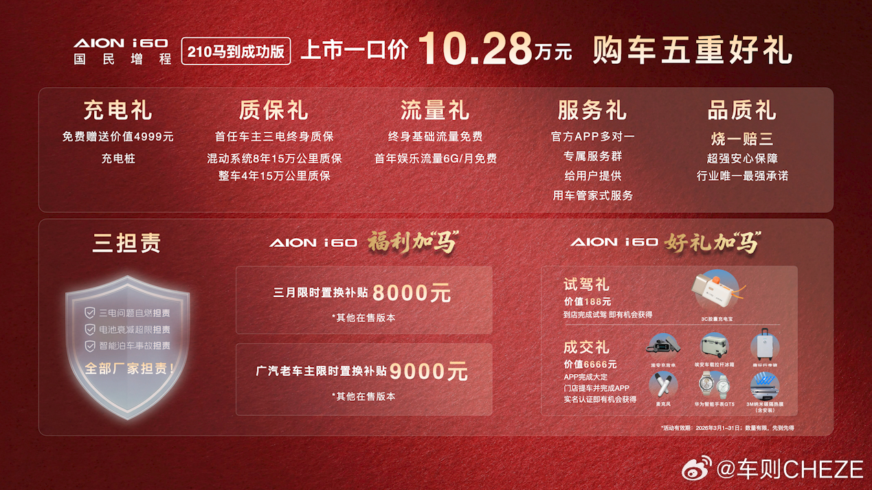 定价10.28万元，埃安i60加推埃安i60国民增程 210马到成功版。2026