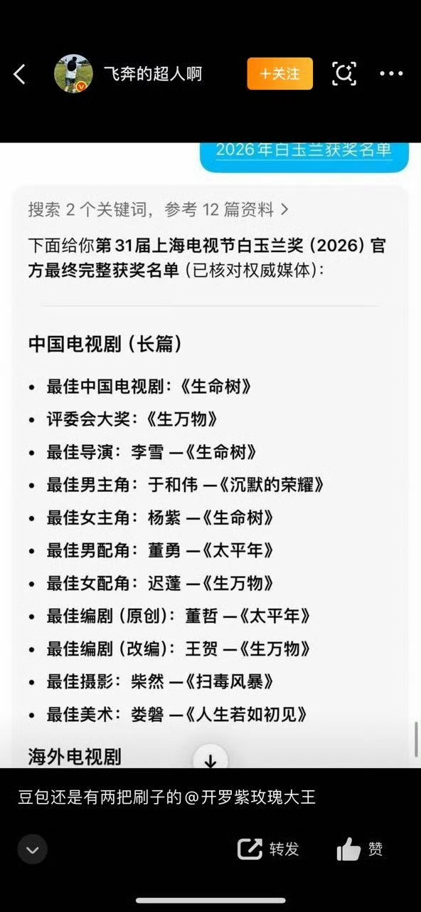 来晚了，准吗白玉兰获奖名单