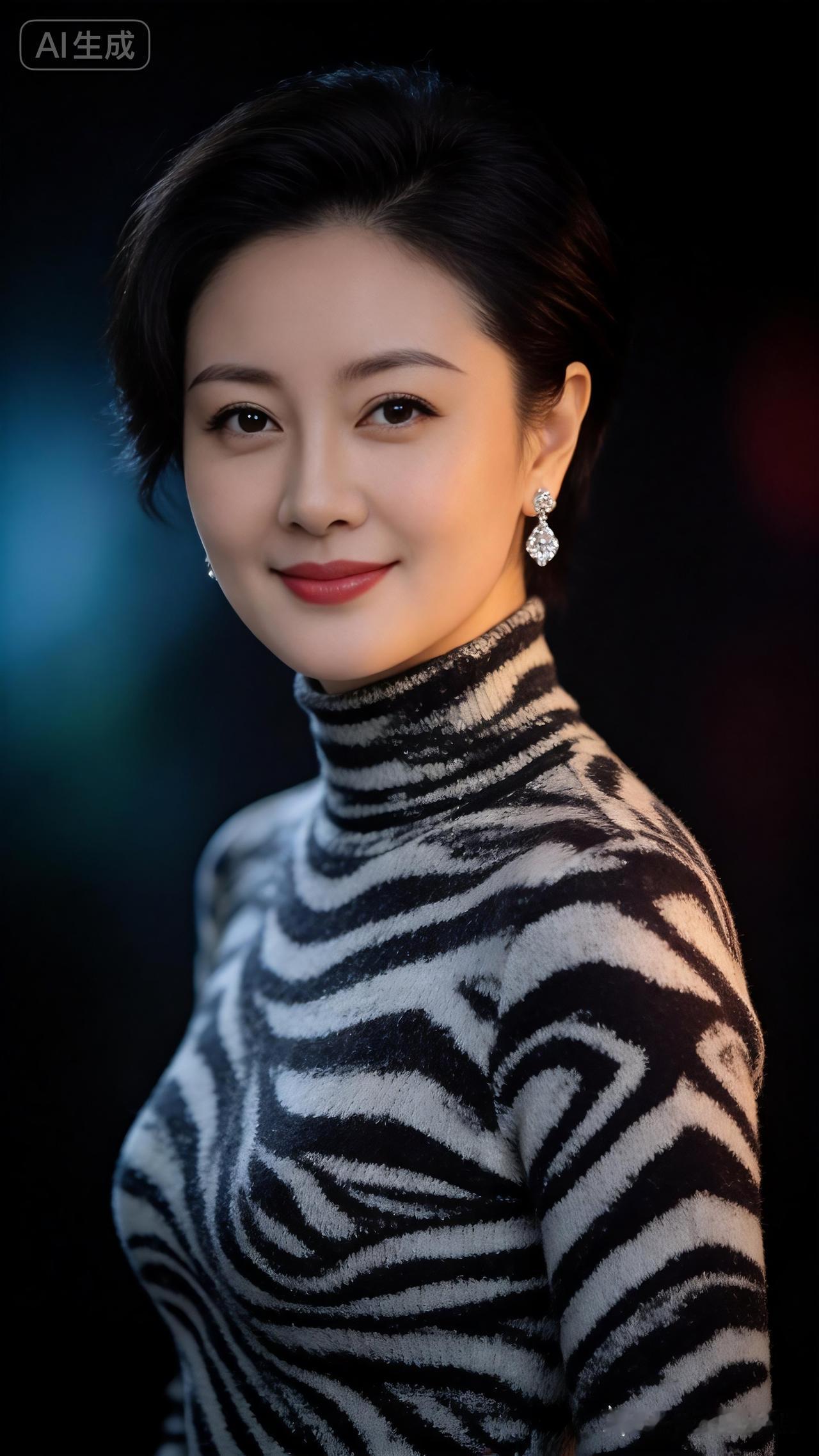 绝色佳人浅笑凝望镜头。身着黑白纹高领羊绒紧身衫，精致短发搭配钻石耳坠，肤白紧致。