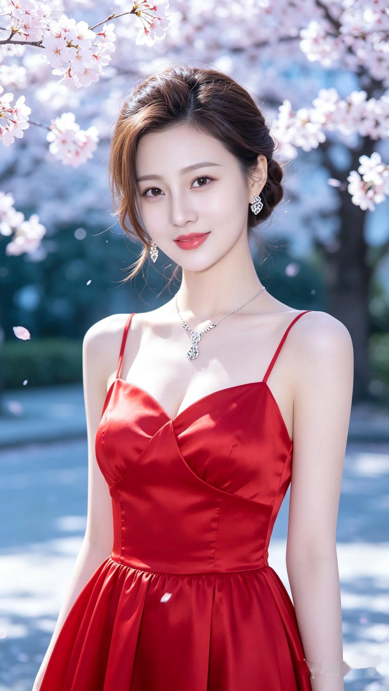 樱花树下，红裙少女，春日浪漫气息扑面而来！🌸💗