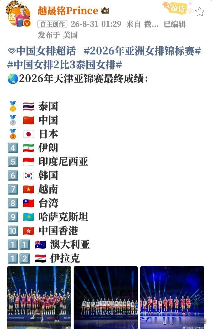女排亚锦赛落幕，凌晨刷到这样一条微博，北京时间31日01:29发布于美国，见图片
