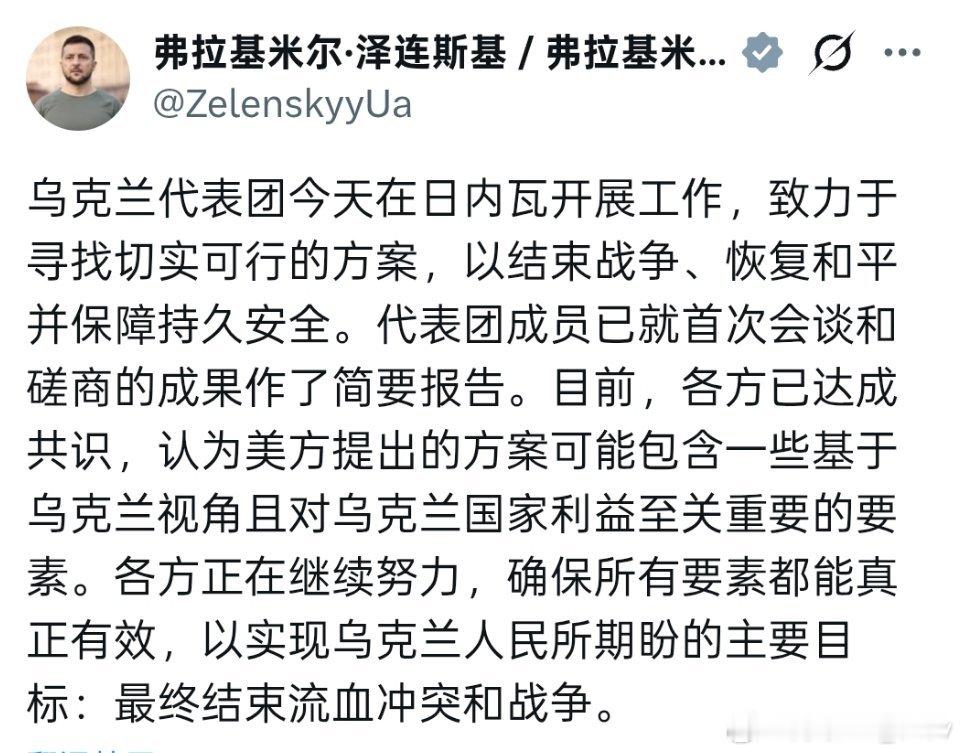 泽连斯基就日内瓦会谈的最新进展发声：美国和平计划可能包含对乌克兰国家利益至关重要