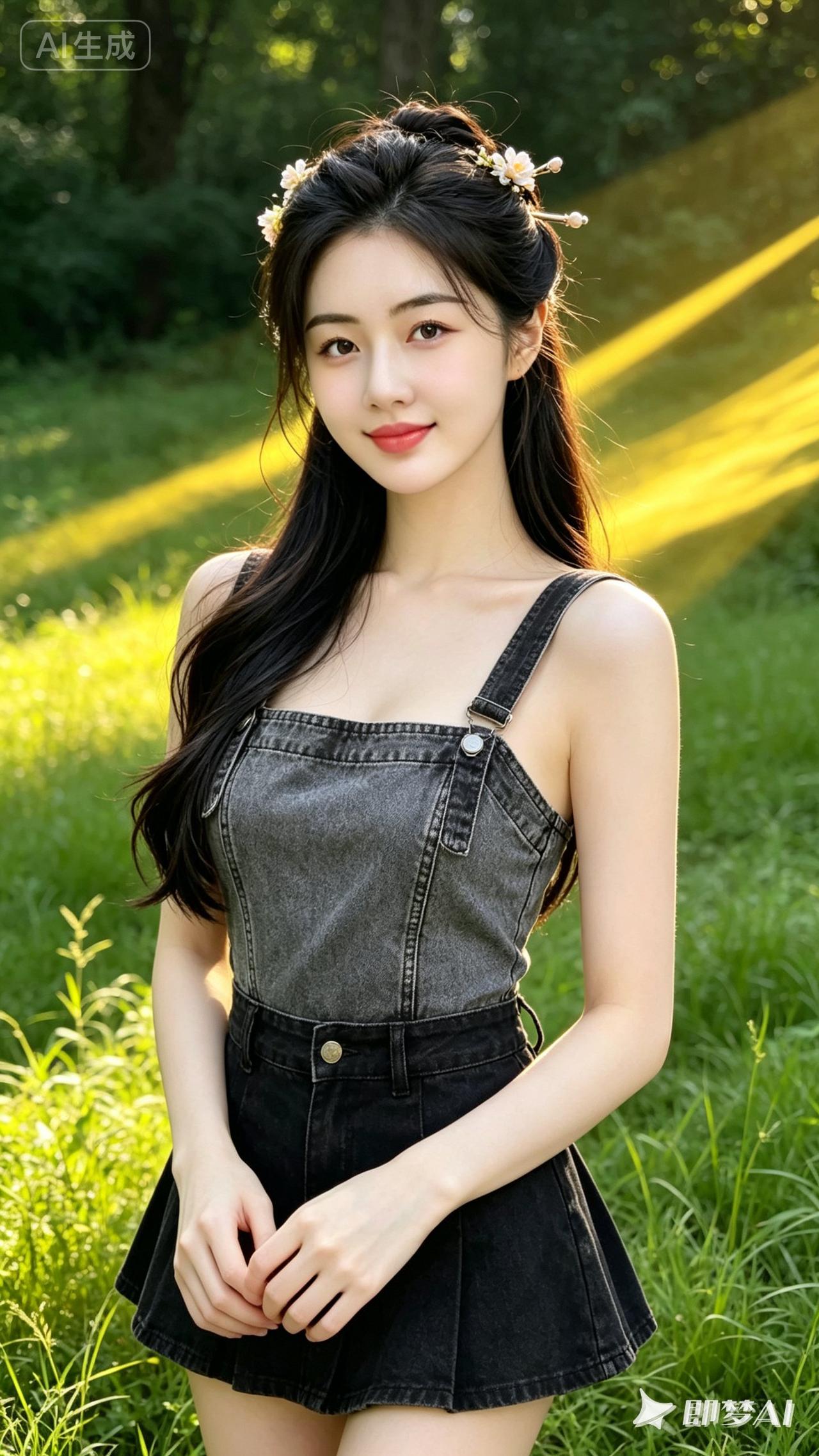 阳光下的少女，牛仔背带裙，甜美笑容，自然清新。