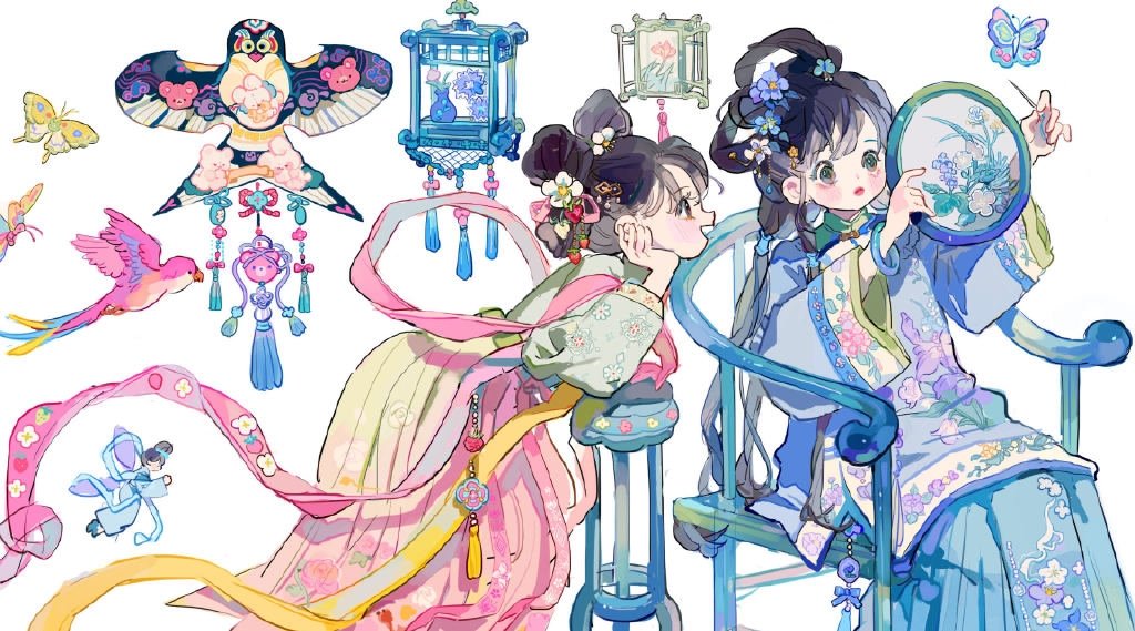画了一点古风的小女孩们的胶带！尝试了横版的构图>< ​​​
