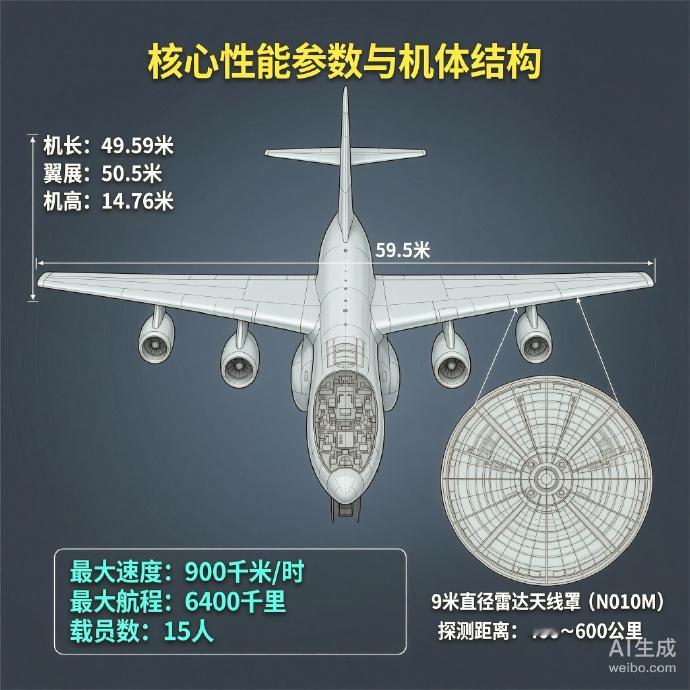 军事ai新视野 A-50“支柱”预警机［苏］机长：49.59米翼展：50.5米机