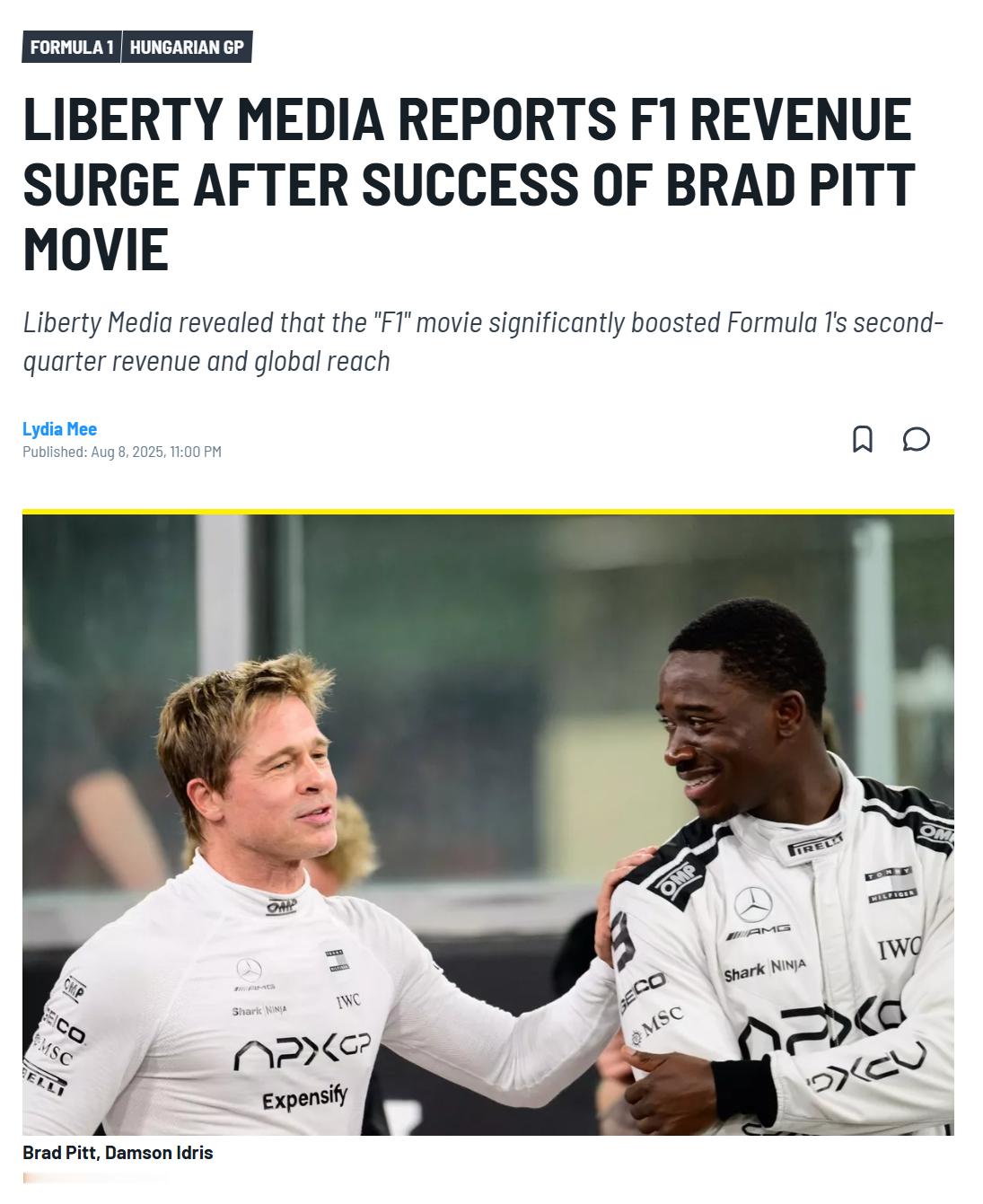 自由媒体集团透露，F1电影显著提升了F1在2025年第二季度的收入及全球影响力。